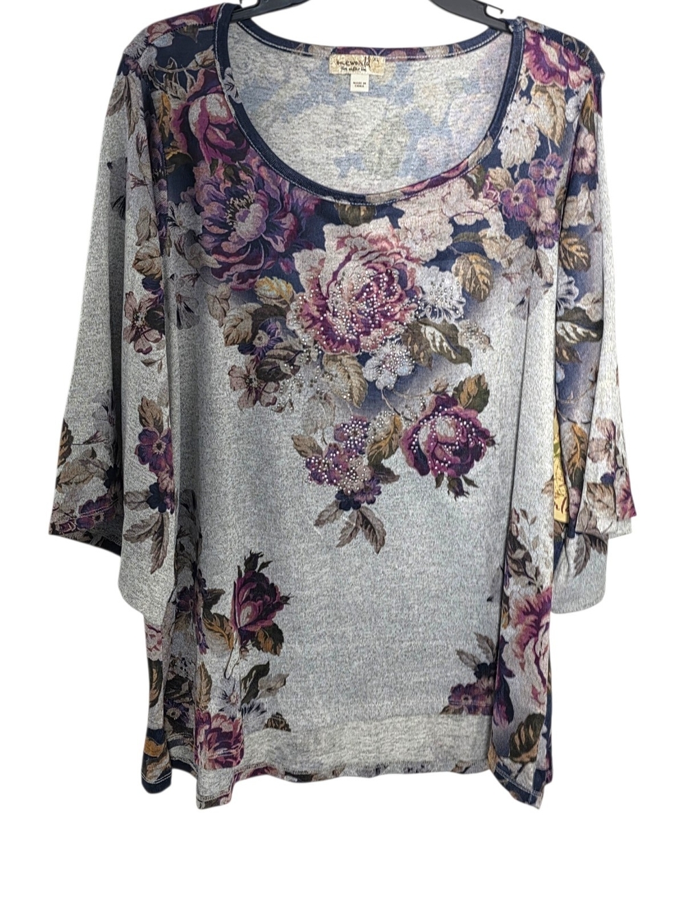 Oneworld Floral Scoop Neck Tunic in Gray and Purple -
